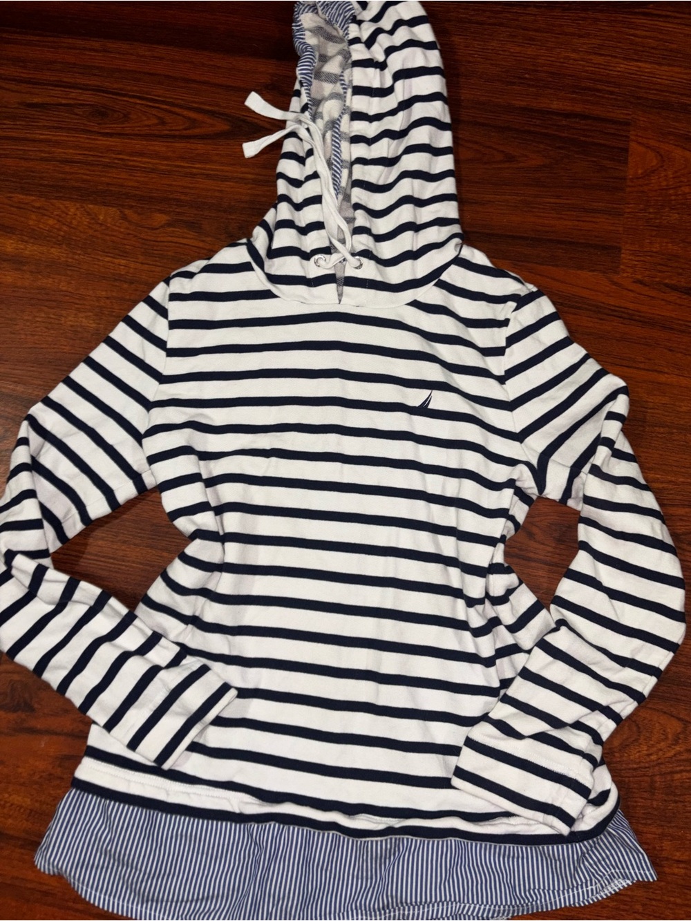 Nautica Navy and White Striped Hooded Pullover